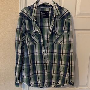 American Eagle Outfitters Men's Blue and Green Checkered Shirt